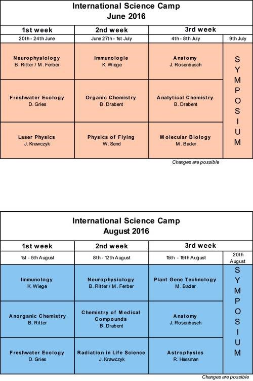 Summer camp program in a table from the website